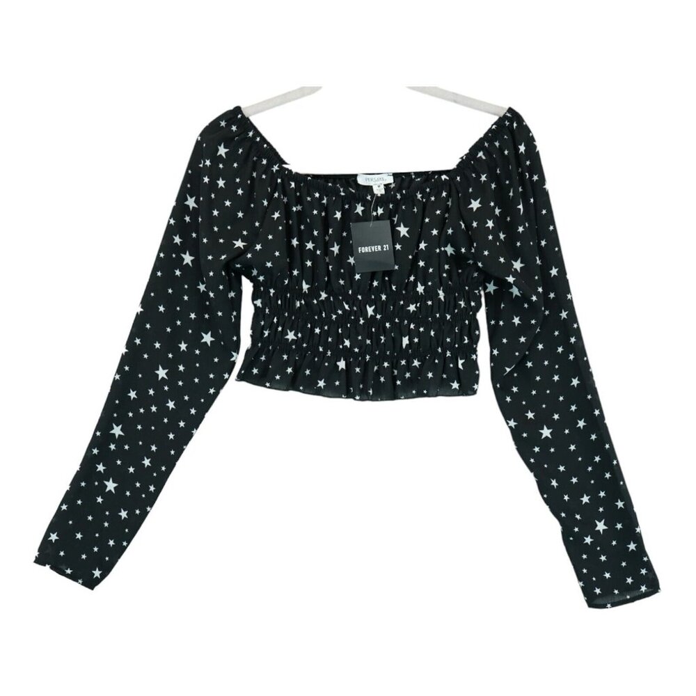 NWT Persaya Black Off Shoulders Crop Top Size Medium Stars Pattern
